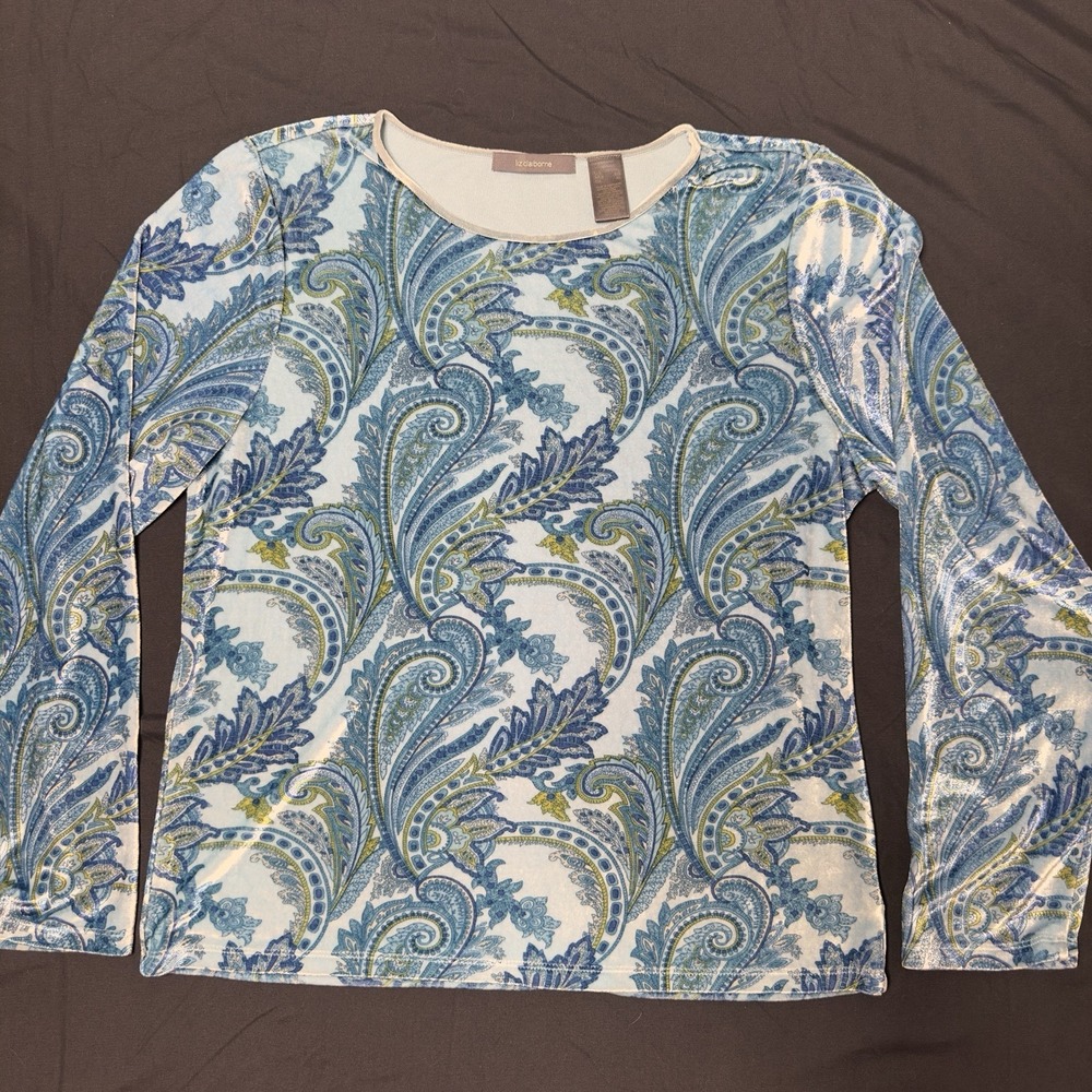 Liz Claiborne Velvet Paisley Shirt XL Blue Textured Whimsi Retro Grandmacore
